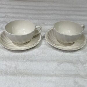 Copeland‎ Spode Tea Cups and Saucers Set of 2 Ribbed White Wide Mouth